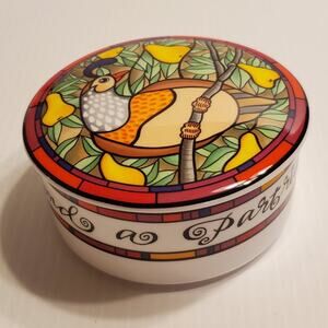 MIKASA 4.5" Hand Painted Partridge In A Pear Tree Round Trinket Lidded Box